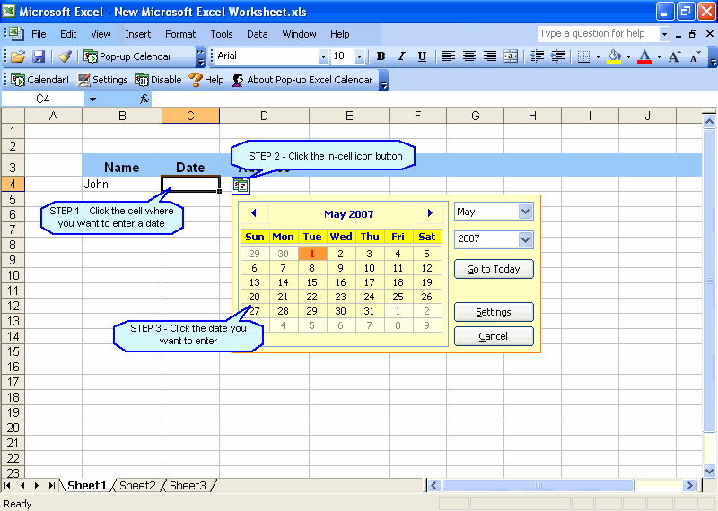 Screenshot of Pop-up Excel Calendar