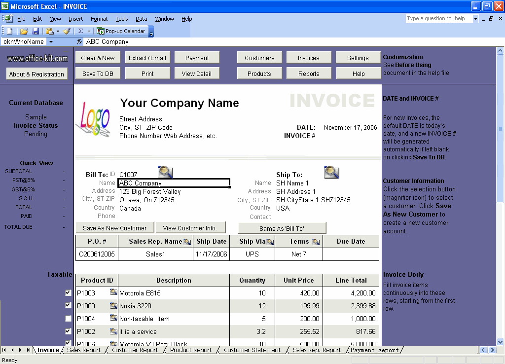 Screenshot of Excel Invoice Manager Platinum