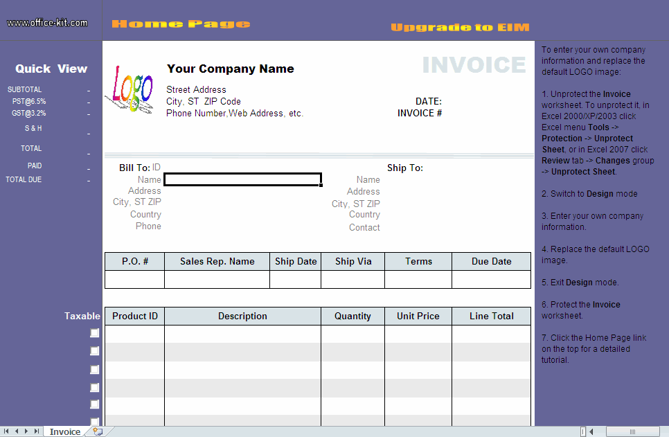 Free invoice template that provides a Fill In The Blank invoice form in Excel