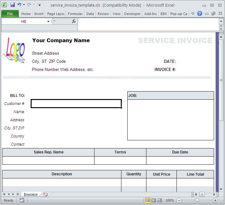 Service invoice template that offers blank invoice form for service business