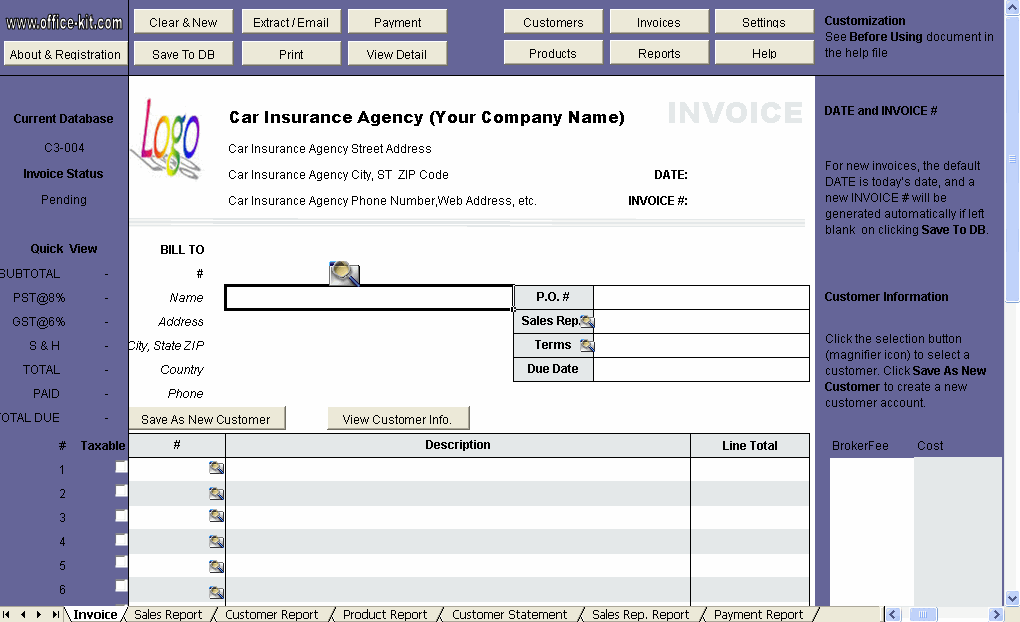 Invoice Template for Car Insurance Agency (2) Excel Invoice Manager