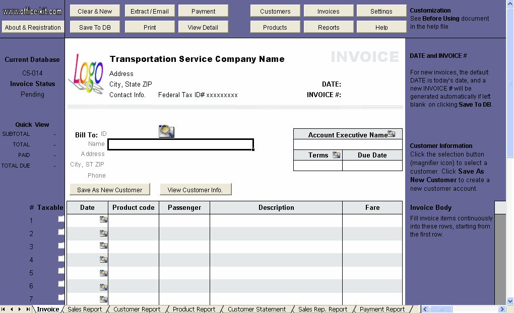 Invoice Template for Transportation / Taxi / Limousine Service Company
